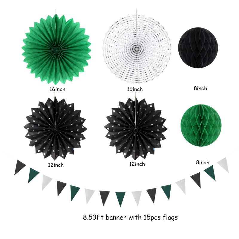 burgleda Black Green Silver Football Party-Decorations - 20pcs Soccer Theme Graduation Paper Lanterns Fans,Tissue Pom Poms,Honeycomb Balls,Men Boys Birthday Sports Spring Jungle Baby Shower Decor Burgleda - Image 2